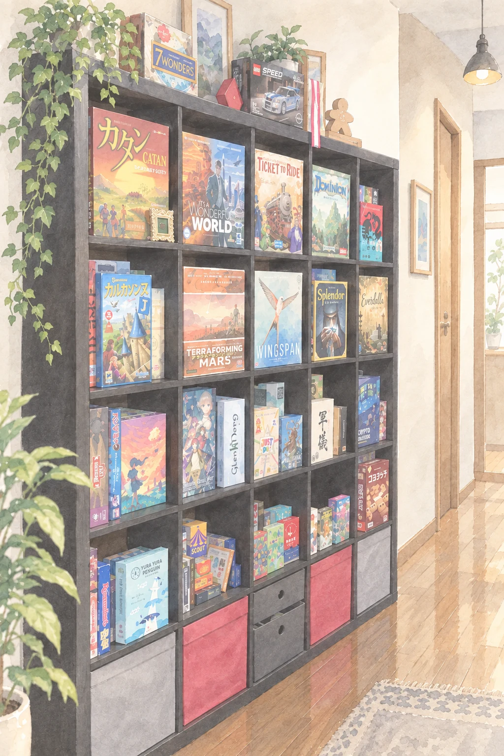 壁いっぱいに並んだボードゲーム棚の水彩イラスト