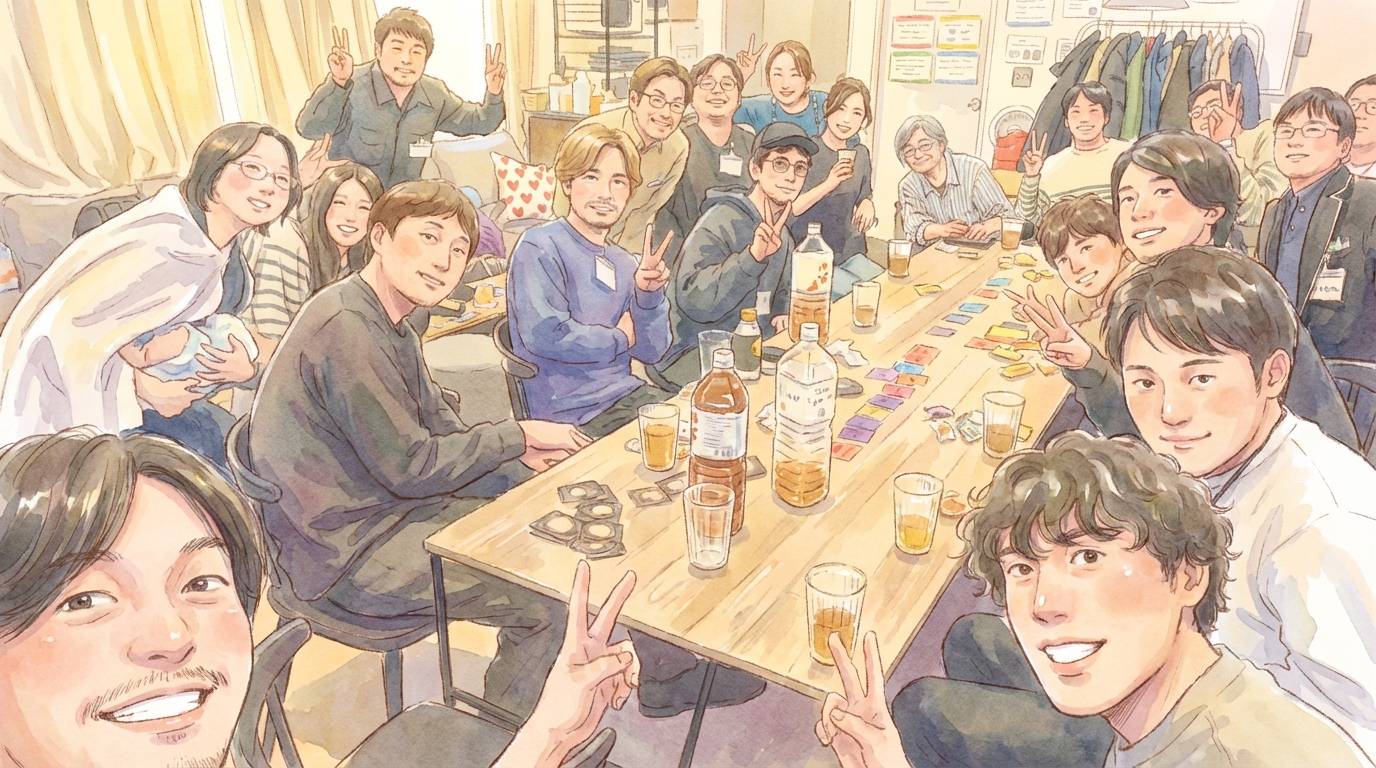 みんなでテーブルを囲んで遊ぶ様子をイラスト調に加工した画像